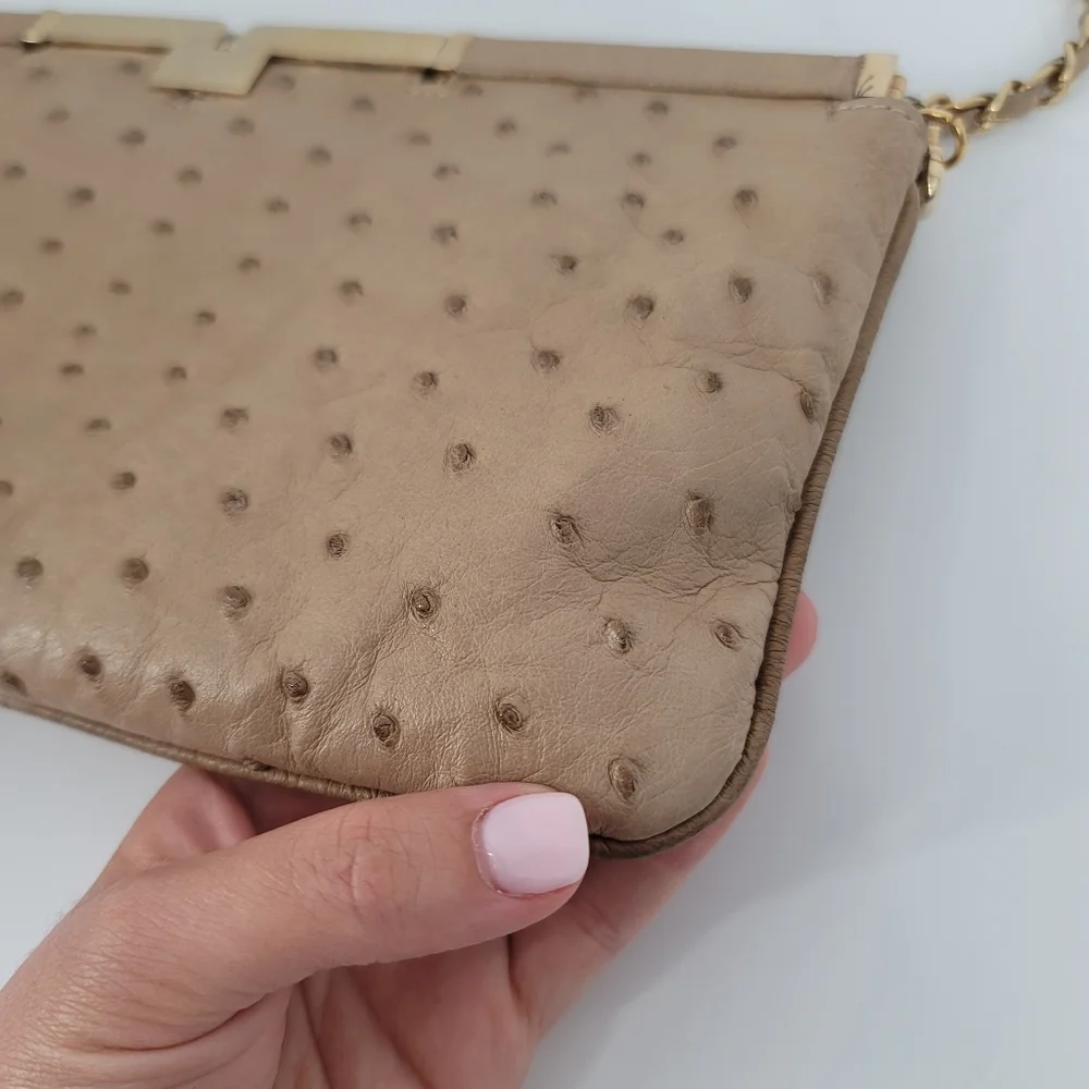 ALIEL Beige Ostrich Leather Flat Clutch Handbag NEW Made in Italy Gold